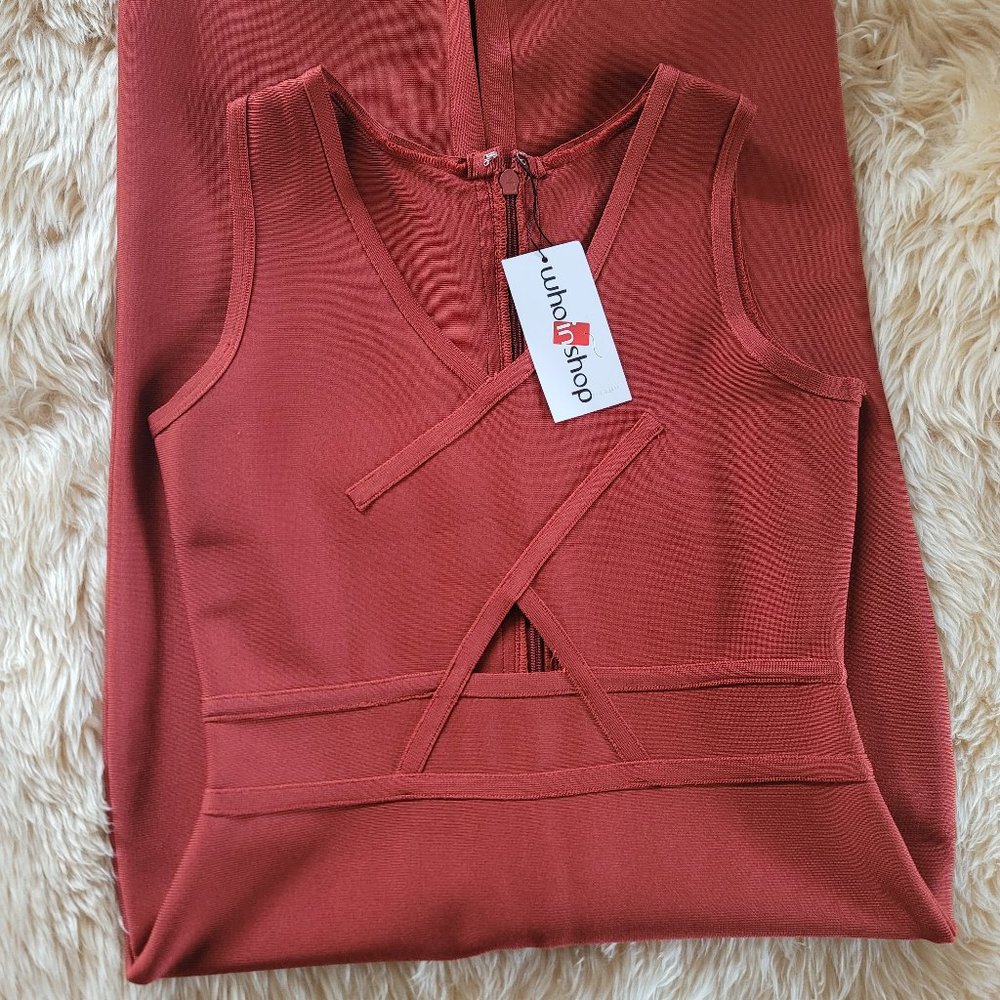 NWT Women's Bodycon Bandage Rust Dress Cut Out Stretchy Size 12